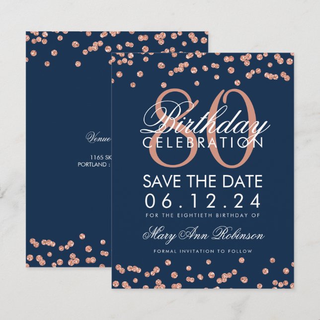 Invitation Rose Gold Navy 80e anniversaire Date de sauvegarde (Devant / Derrière)