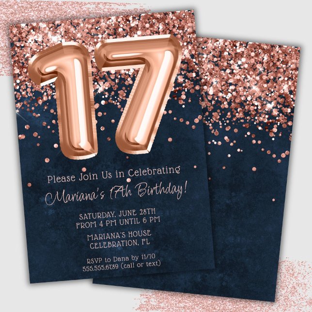 Invitation Rose Gold Navy Bleu 17e anniversaire de fête Invit (Créateur téléchargé)