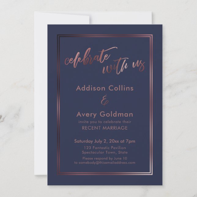 Invitation Rose Gold & Navy Blue Célébrez avec nous Typograph (Devant)