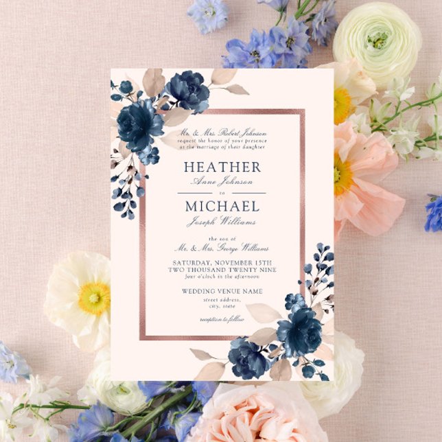 Invitation Rose Gold Navy Blue Dusty rose Floral Mariage (Créateur téléchargé)
