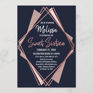 Invitation Rose Gold Navy Blue Mauve Géométrique Sweet 16