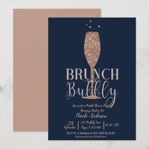 Invitation Rose Gold Navy Champagne Bulles Petit Déjeuner de