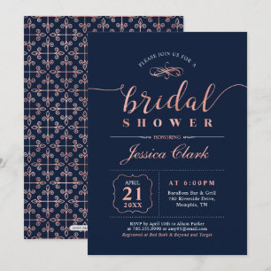 Invitation Rose Gold & Navy Élégante Fête de Mariage de Fia