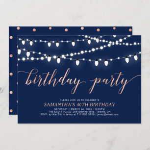 Invitation Rose Gold & Navy   Fête d'anniversaire des femmes 