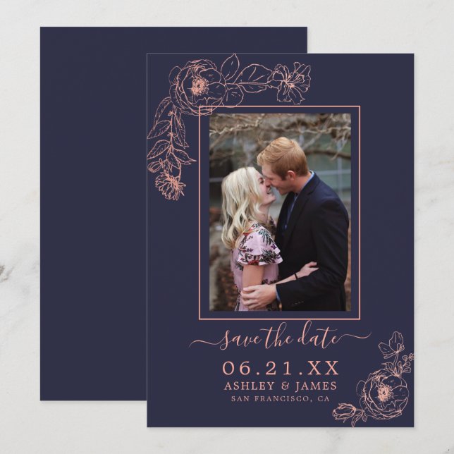 Invitation Rose Gold Navy Fleur Photo Mariage Save The Date (Devant / Derrière)