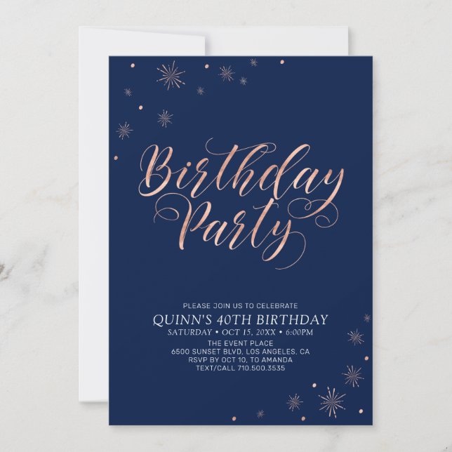 Invitation Rose Gold & Navy Modern Chic Adulte fête d'anniver (Devant)