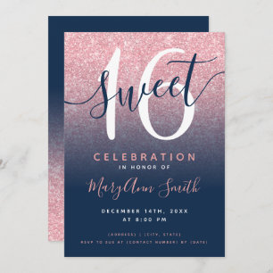 Invitation Rose Gold Navy Parties scintillant Ombre 16e anniv