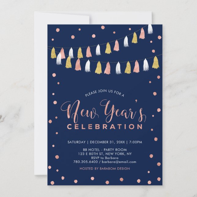 Invitation Rose Gold & Navy | Soirée du Nouvel An moderne (Devant)