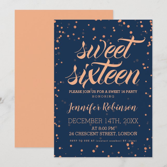 Invitation Rose Gold Navy Sweet 16 Sparkle Confetti (Devant / Derrière)