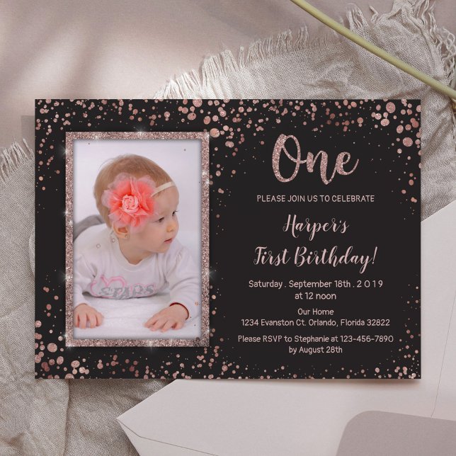Invitation Rose Gold Noir Premier Anniversaire Photo (Créateur téléchargé)