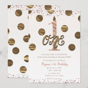Invitation Rose Gold ONE 1er Anniversaire Bronze Polka Dots