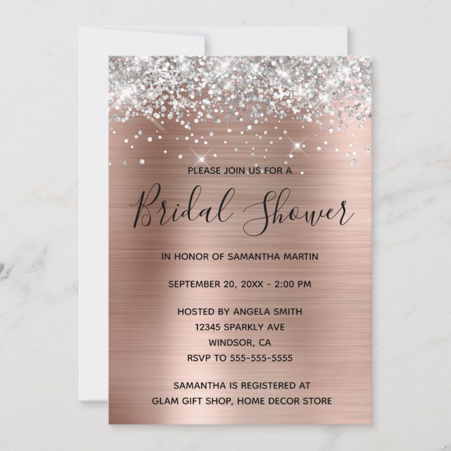 Invitation Rose Gold Pailleté Argent Fête de Mariage (Devant)