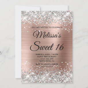 Invitation Rose Gold Pailleté Argent Monogramme Fantaisie Swe