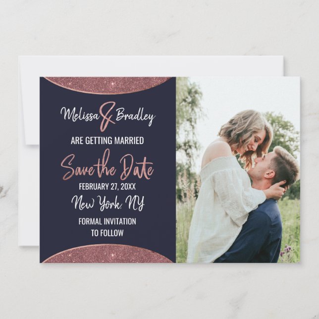 Invitation Rose Gold Pailleté Bleu Marine Circulaire Save the (Devant)
