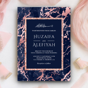 Invitation Rose Gold Pailleté Bleu Nuit Marbre Mariage Musulm