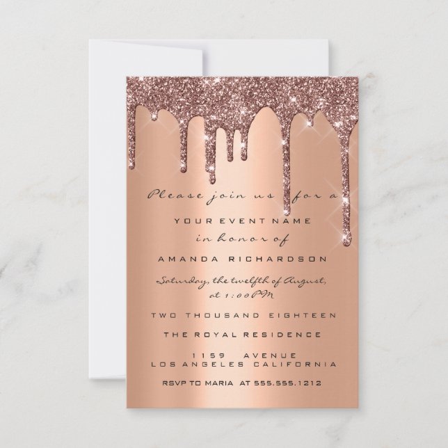 Invitation Rose Gold Pailleté Élégant 16 ans Mariée (Devant)
