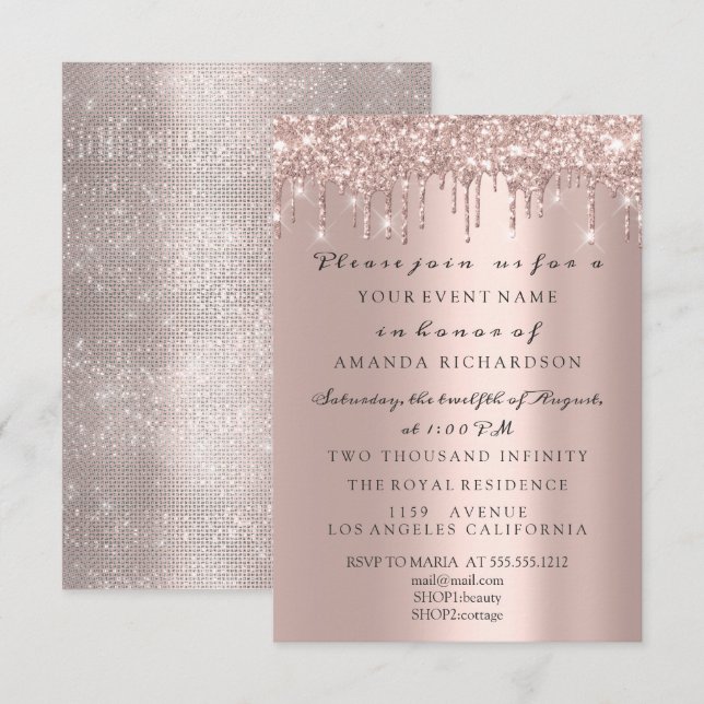 Invitation Rose Gold Pailleté Élégant Anniversaire de Mariage (Devant / Derrière)