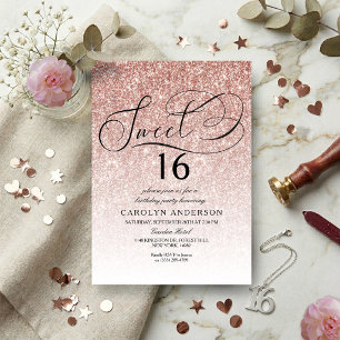 Invitation Rose Gold Pailleté Élégant Script Anniversaire Swe
