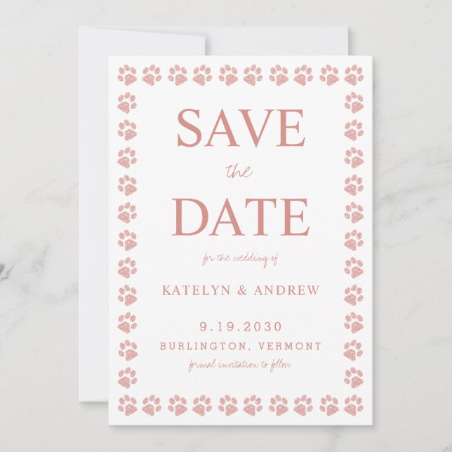 Invitation Rose Gold Pailleté Empreinte de Patte Mariage Épar (Devant)