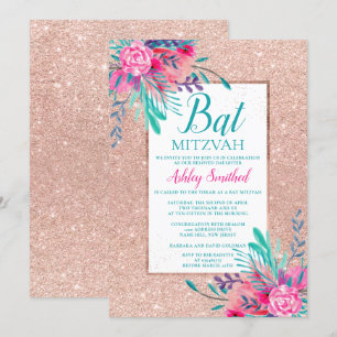 Invitation Rose gold pailleté floral aquarelle Bat Mitzvah