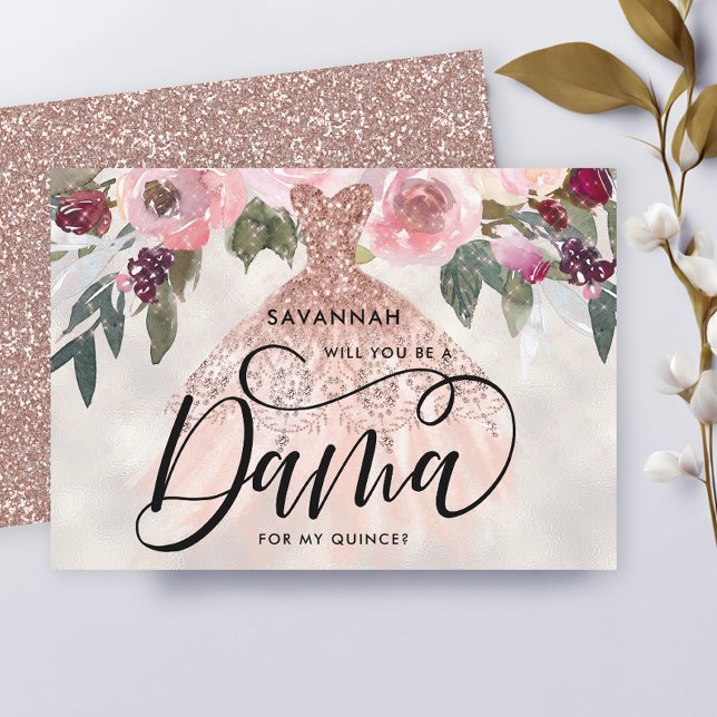 Invitation Rose Gold Pailleté Floral Quinceañera Demoiselle d (Créateur téléchargé)