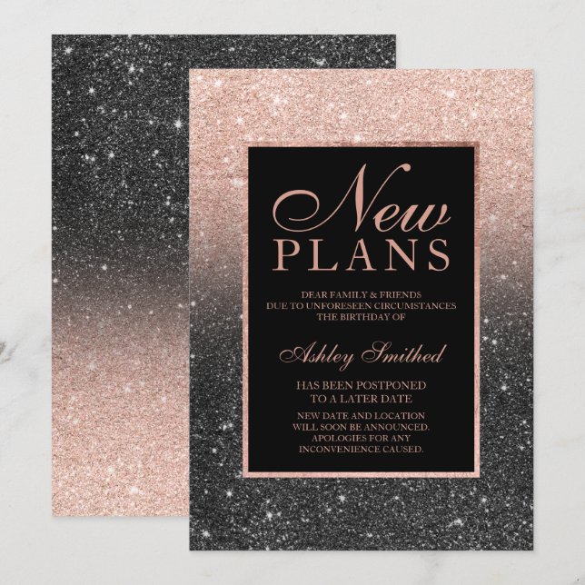 Invitation Rose gold pailleté noir élégant chic nouveaux plan (Devant / Derrière)