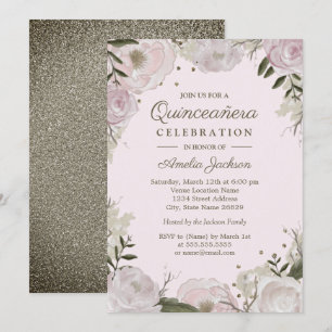 Invitation Rose Gold Pailleté Quinceanera Floral