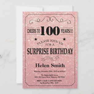 Invitation Rose Gold Pailleté Rose Surprise 100e Anniversaire