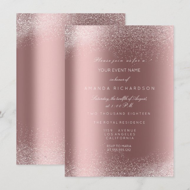 Invitation Rose Gold Pailleté Sable de Mariage Anniversaire (Devant / Derrière)