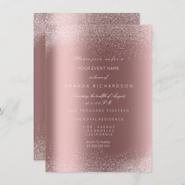 Invitation Rose Gold Pailleté Sable Mariage Anniversaire (Devant / Derrière)