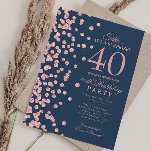 Invitation Rose Gold Pailletés Surprise 40e Anniversaire Bleu