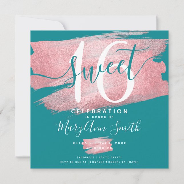 Invitation Rose Gold Paint Sweet 16e anniversaire Turquoise  (Devant)