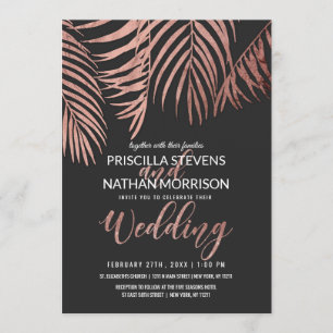 Invitation Rose Gold Palm Tree Frances Noir moderne Mariage