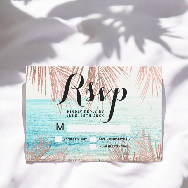 Invitation Rose gold palmier plage photo RSVP mariage (Rose gold palm tree beach photo RSVP wedding Invitation)