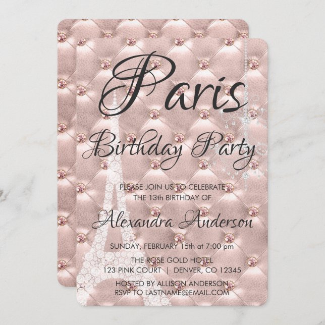 Invitation Rose Gold Paris Blush rose fête d'anniversaire (Devant / Derrière)