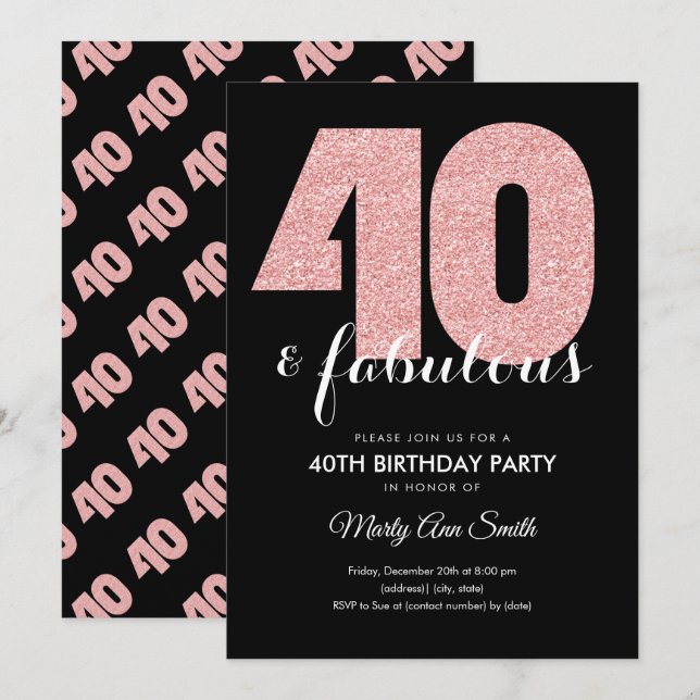 Invitation Rose Gold Parties scintillant 40 et fabuleuse fête (Devant / Derrière)