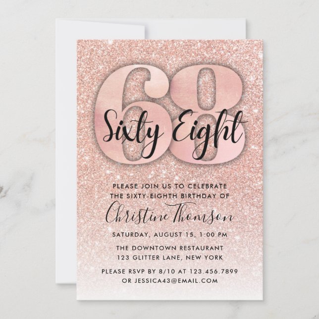 Invitation Rose Gold Parties scintillant 68e anniversaire Inv (Devant)