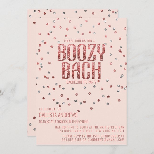 Invitation Rose Gold Parties scintillant Argent Confetti Bach (Devant / Derrière)