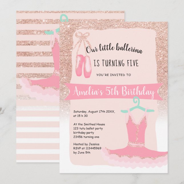 Invitation Rose Gold parties scintillant ballerina tutu 5e an (Devant / Derrière)