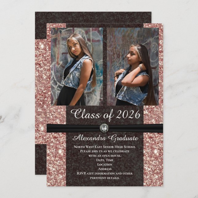 Invitation Rose Gold Parties scintillant classe photo de 2025 (Devant / Derrière)