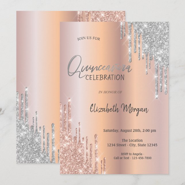 Invitation Rose Gold Parties scintillant d'argent  Quinceañer (Devant / Derrière)