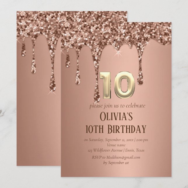 Invitation Rose Gold Parties scintillant Drip Girl Girly 10e  (Devant / Derrière)