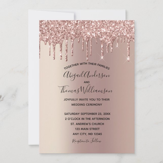 Invitation Rose Gold Parties scintillant Drip tendance mariag (Devant)