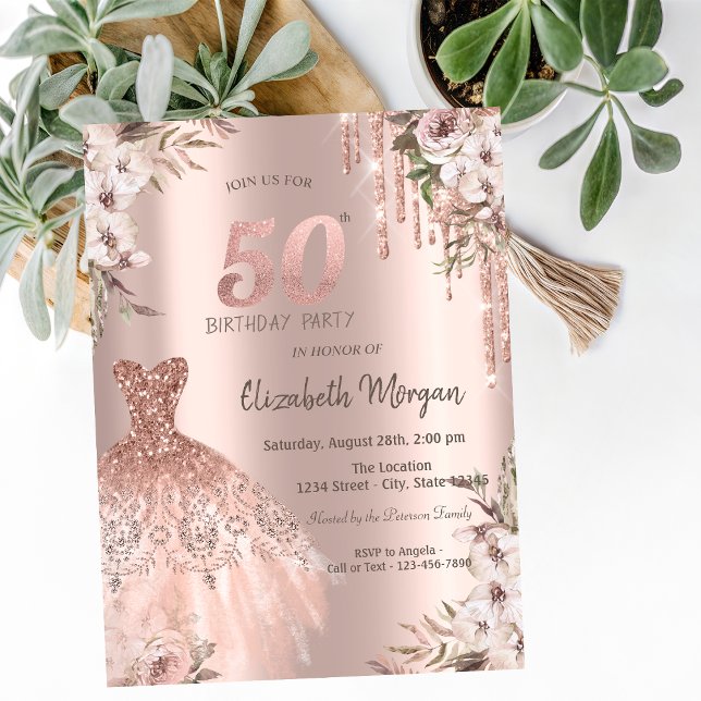 Invitation Rose Gold Parties scintillant Drips robe Floral 50 (Créateur téléchargé)