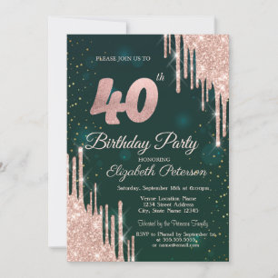 Invitation Rose Gold Parties scintillant Drips Vert 40e fête 