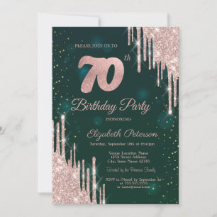 Invitation Rose Gold Parties scintillant Drips Vert 70e anniv