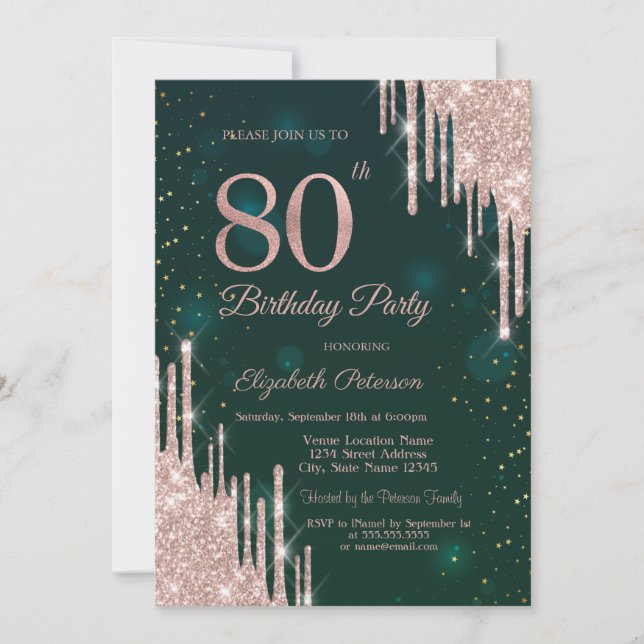 Invitation Rose Gold Parties scintillant Drips Vert 80e anniv (Devant)