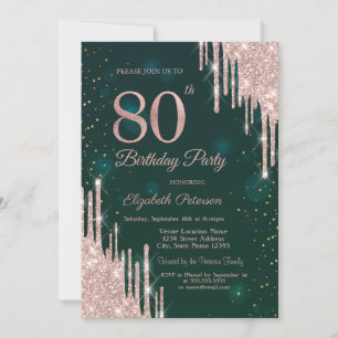 Invitation Rose Gold Parties scintillant Drips Vert 80e anniv