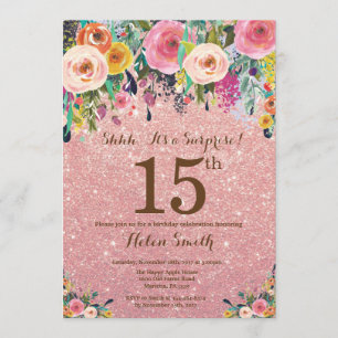 Invitation Rose Gold Parties scintillant Floral Surprise 15e 