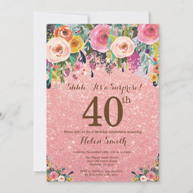Invitation Rose Gold Parties scintillant Floral Surprise 40e  (Devant)